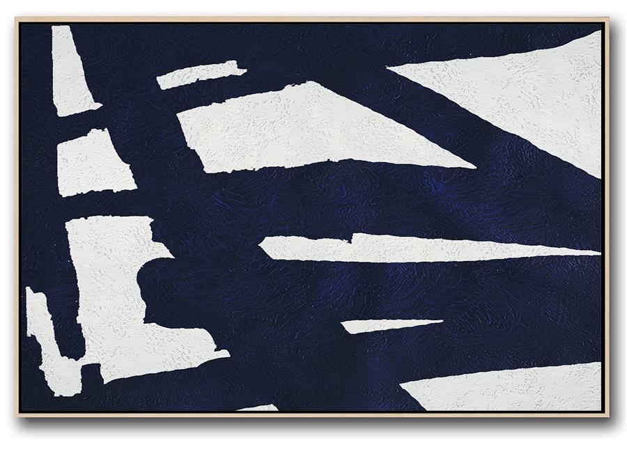 Horizontal Navy Painting Abstract Minimalist Art On Canvas - Blue Abstract Print Large